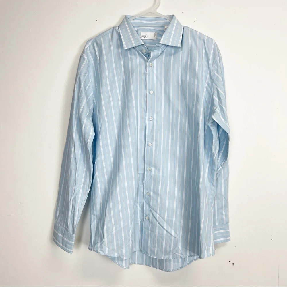 NEW Nordstrom Rack Button Down Shirt Mens 16.5 34 35 Blue Striped Trim Fit NWOT